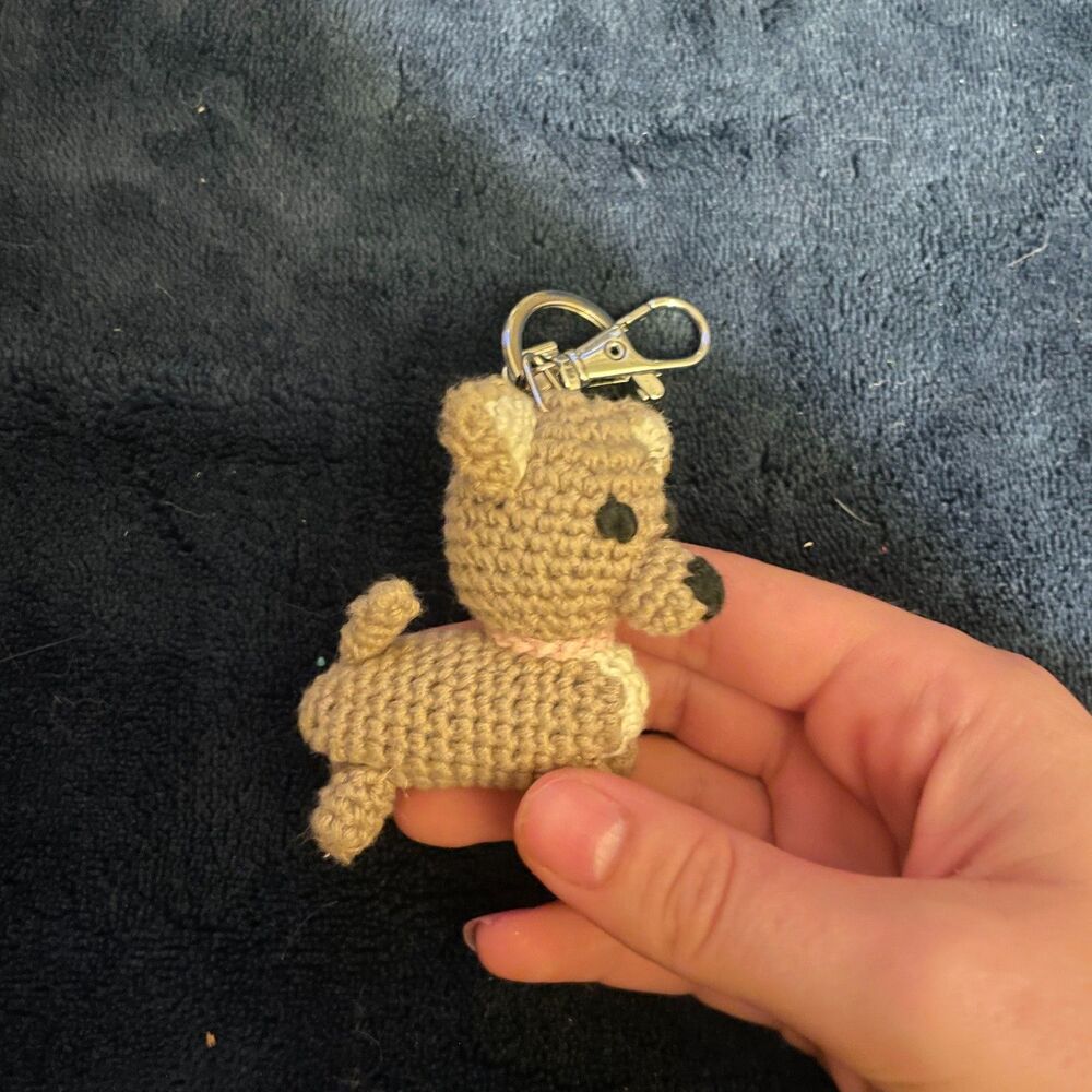 Handmade Crochet Brown Puppy Dog Keychain, Purse Book Bag Backpack Charm